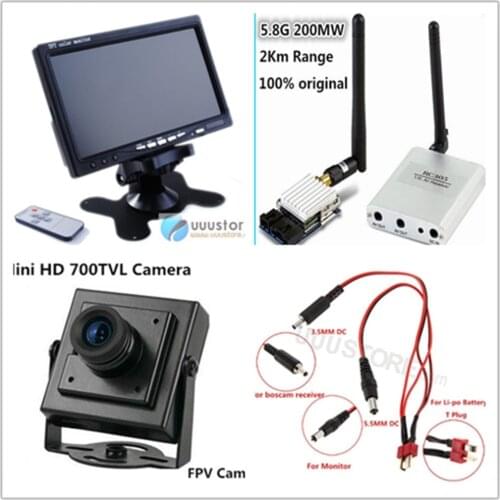 FPV Combo 5.8G 200mw transmitter ts351 and receiver rc305 +7inch 1024*600 hd monitor + 700TVL Camera for rc airplane dji gopro