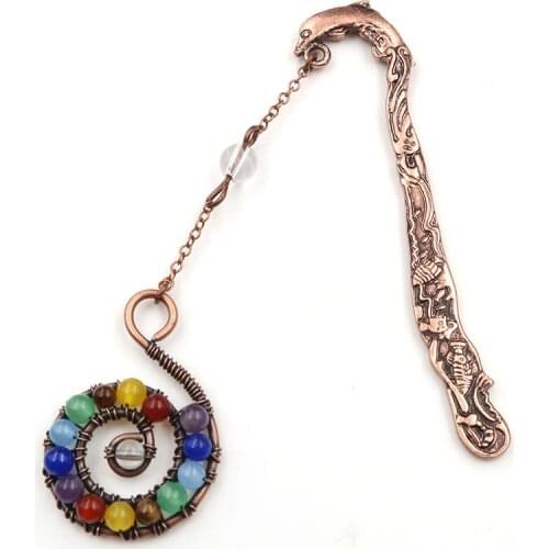 FYJS Unique Copper Dolphin with Wire Spiral Colorful Beads Bookmark Pendant Healing Chakra Jewelry