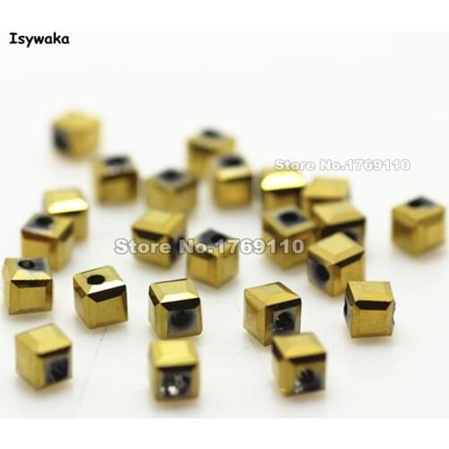 Isywaka 100pcs Cube 4mm Shining Golden Color Square Austria Crystal Beads Glass Beads Loose Spacer Bead for DIY Jewelry Making