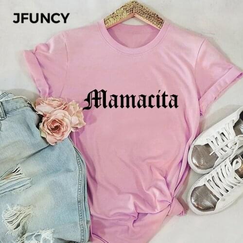JFUNCY Plus Size Short Sleeve Woman Tshirt Mamacita Letter Print T Shirt Women Casual Loose T-shirt Summer Tees 100% Cotton Tops