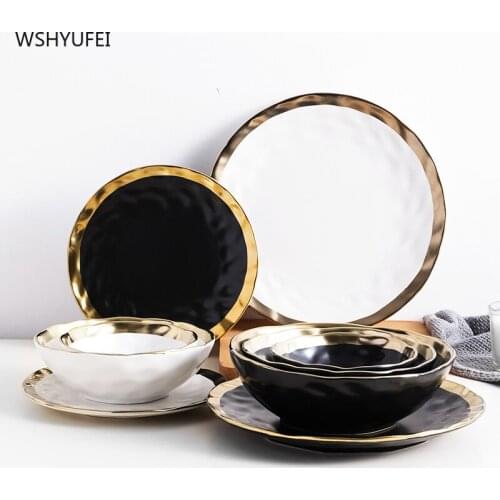 European style black gold ceramic western food salad plate exquisite matte gold creative western food black retro steak plate