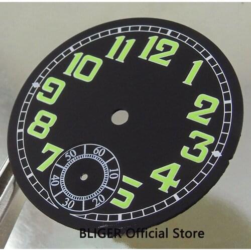 Classic 35MM Black Sterile Dial Green Numerals Luminous Marks Watch Dial Fit For ETA 6498 Hand Winding Movement D4