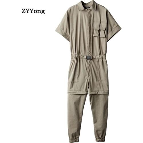 Summer Mens Short-Sleeved Jumpsuit Overalls Lapel Knee Detachable Hip-Hop Casual Beam Feet Cargo Pants Green Black Trousers