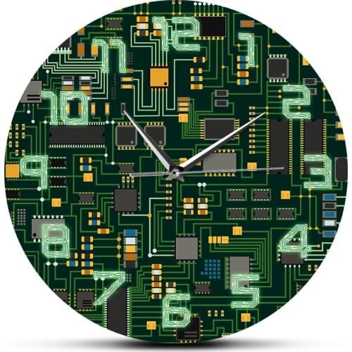 Computer Electronic Chip Circuit Board Geeky Wall Clock Engineer Gift Office Decor Green PC Circuit Board Print Art Wall Watch