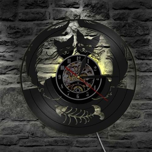 Cats Couple And Fishbone LED Light Vinyl Record Wall Clock Pet Kitty Cats Modern Wall Lamp Home Decor LED Hanging Night Light