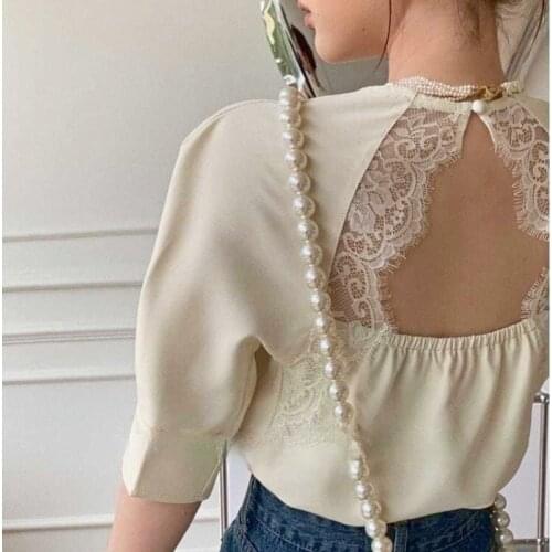 Summer Kawaii Casual Blouse Tops Women Backless Lace Designer Korean Sweet Blouse Shirt Short Sleeve Chic Elegant Blouse 2021