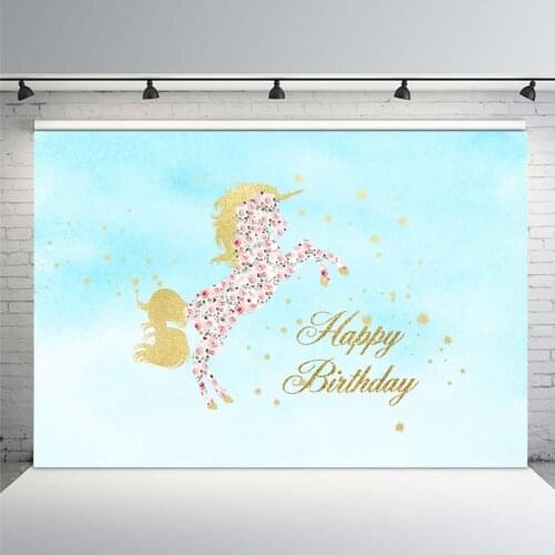 Mehofoto Floral Unicorn Backdrop for Photography Happy Birthday Background for Party Banner Decoration Blue Gold Glitter Unicorn