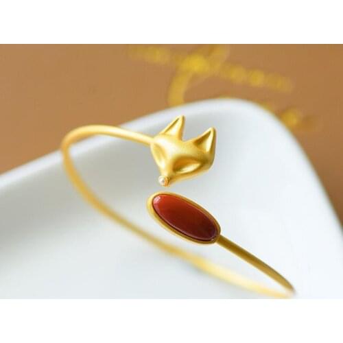 Natural southern red tourmaline fox bracelet adjustable Chinese retro court style unique ancient gold craft charm silver jewelry