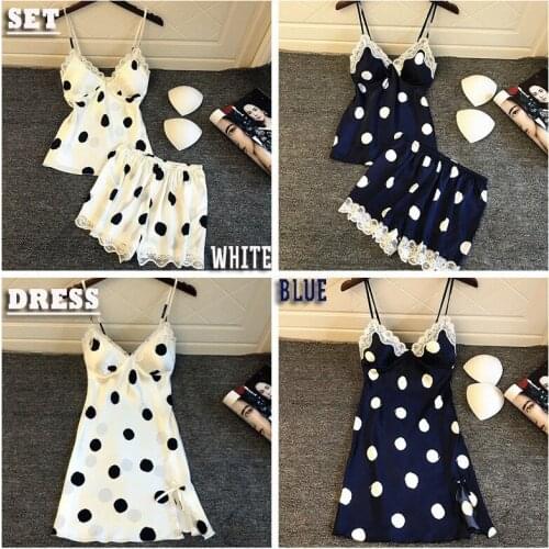 New Brand Womens Satin Silk Sleepwear Pajamas Nightdress 2Pcs Sexy Women Satin Lace Dot Top+Shorts Comfy Lingerie Set Camisole