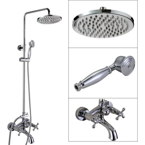 Polished Chrome Brass Wall Mounted 8" Rain Bathroom Rainfall Shower Faucet Set with Hand Spray Shower Head Tub Mixer Tap 2cy354