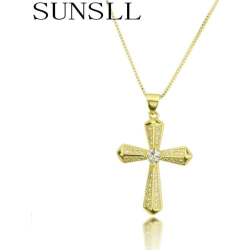 SUNSLL New gold copper necklace Cubic Zirconia Cross necklace for women Fashion unique religious jewelry pendant necklace gifts