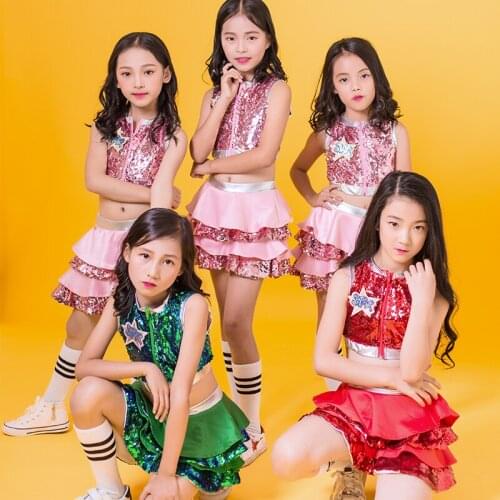 Children Performance Costumes Sequined Jazz Dance Costumes Girls HipHop Clothes Cheerleading Puppet Skirt Dance Costumes DQS7012
