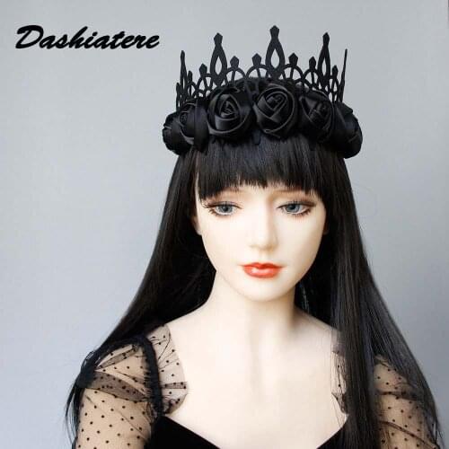 Black Ribbon Rose Tiara Baroque Goth Crown Queen Annual Party Halloween Queen Princess Girls Flower Hair Accessories for Women