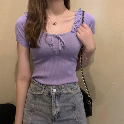 Thin Knitted Short Sleeve T Shirt Laciness Sweet Retro Elegant Square Collar Bow Tie Slim Tops 2021 Summer Clothing Wholesale
