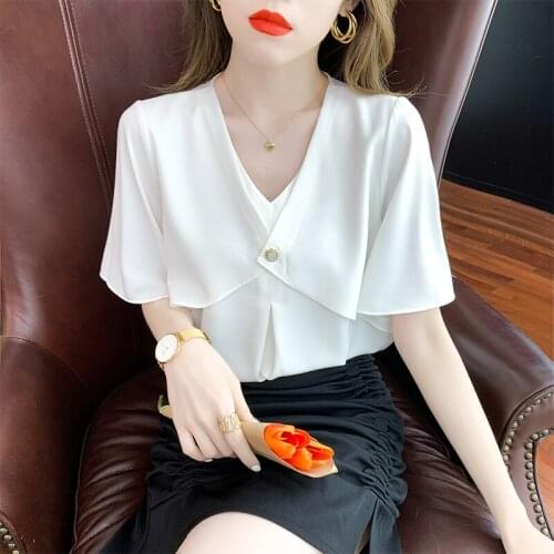 Solid Color Blouses Women Summer Shirts Loose Short Sleeve V-neck Fake Two Pieces Womens Chiffon Korean Female New Fashion Tops
