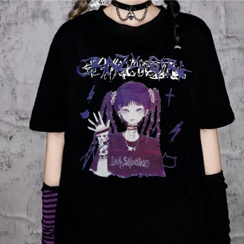 Manga Goth Female Anime Tshirt Tee Aesthetic Women T-shirt Punk Grunge Streetwear Ladies Gothic Top T Shirt Harajuku Clothes Y2k