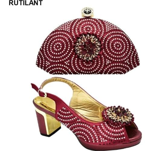 Women Shoes and Bag Set In Italy New Wine Color Shoes and Bags To Match Italian Leather Shoes Women Decorated with Appliques