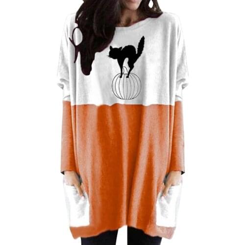 Women Halloween T Shirts Tops Oversized Patchwork Long Sleeve Pullover Autumn Basic Round Neck Tshirts With Pocket Graphic Tee