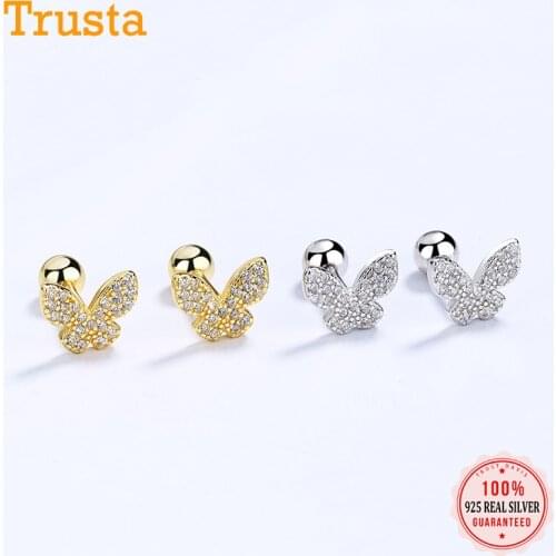 Trustdavis Real 925 Sterling Silver Insect Butterfly Shiny CZ Beads Screw Stud Earrings For Women Wedding Fine Jewelry DA2250