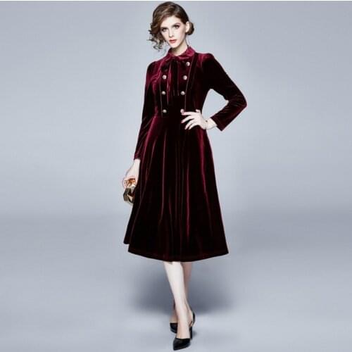 Women Military Uniform Golden Double-Breasted Velvet 2021 Autumn Fashion Long Sleeve Bow Collar Vintage Female Slim Midi Dress