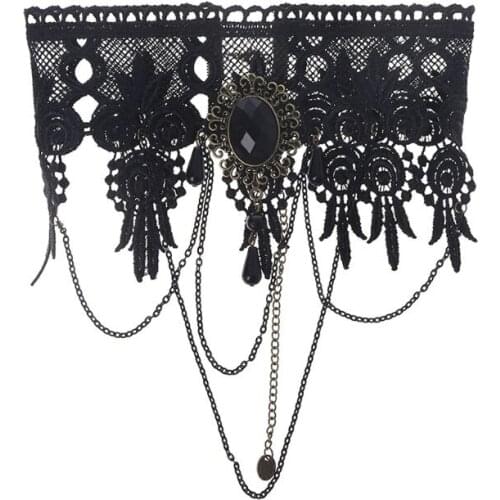 Womens Gothic Style Black Chocker Necklace Chain Embroidered Lace Pendant Wedding Jewelry Punk Vintage Tassel Fake Collar