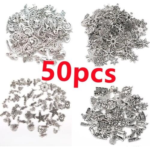 50Pcs Tibetan Silver Loose Beads Mixed Seahorse Shell Starfish Ocean Themes For DIY Jewelry Making Charms Pendants Accessories