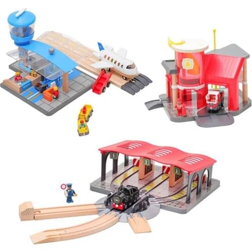 Wooden Train Track Railway Station Accessories Fire Station Fit For Brio Wooden Train Pieces Educational Toys For Children Gifts
