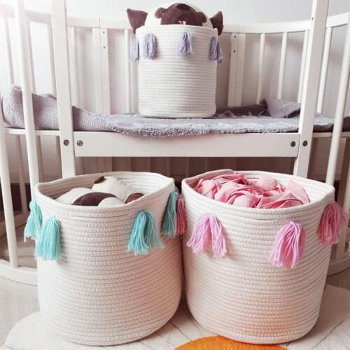 INS Tassel Cotton Rope Woven Storage Basket Baby Dirty Clothes Laundry Baskets Nursery Kids Toys Sundries Organizer Bins Hamper