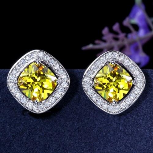 Fashion Big Square Cut Yellow Cubic Zirconia Stone Micro Pave CZ Crystal Post Stud Earrings Women Jewelry