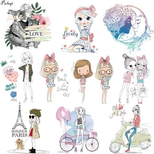 Fashion Girl Vinyl Heat Transfer Patches Iron On Transfers For Clothing Stickers Ironing Printed Thermal Applique Stripes Badges