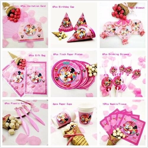 Minnie Mouse Happy Birthday kids Party Decoration Tableware Napkin Plate Cup Boxes Tablecloth Banner red pink gift supplies set