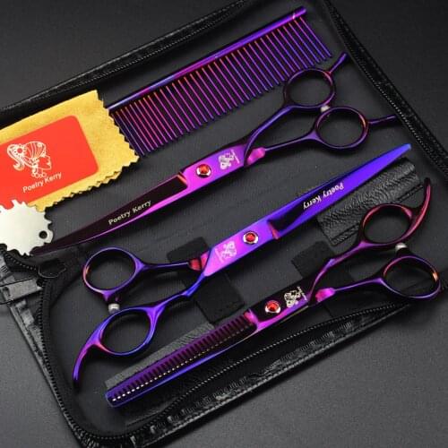 4 pieces of 7.0-inch affordable electroplated purple dense teeth teeth pet grooming scissors curved dog grooming scissors