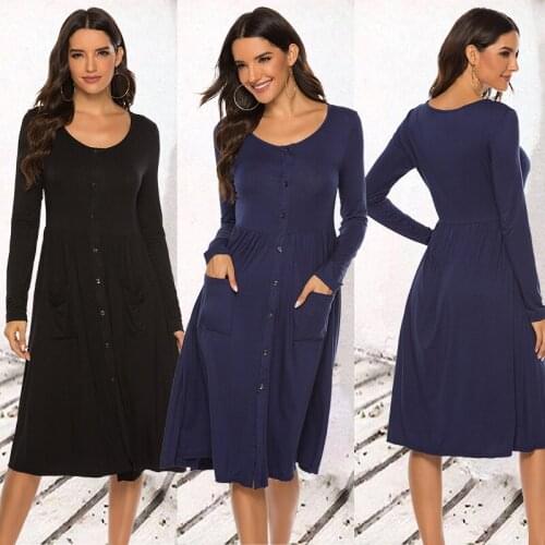 Black Blue A Line Casual Dresses Women Autumn Dress 2021 Vintage Long Sleeve Dress For Ladies Buttons O Neck Vestidos Female
