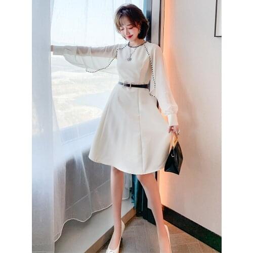 Pin bead stitching perspective yarn shawl sleeve belt high waist A Womens dress 2021 Spring new High Quality Top Quality