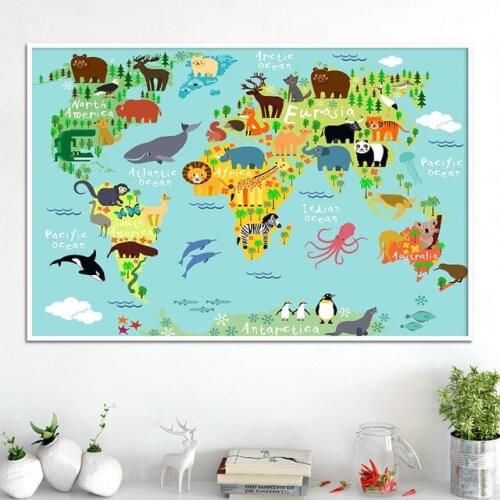 Nordic Children Kawaii Cartoon Animals World Map, Canvas Print Painting Poster Wall Pictures For Kids Home Decor