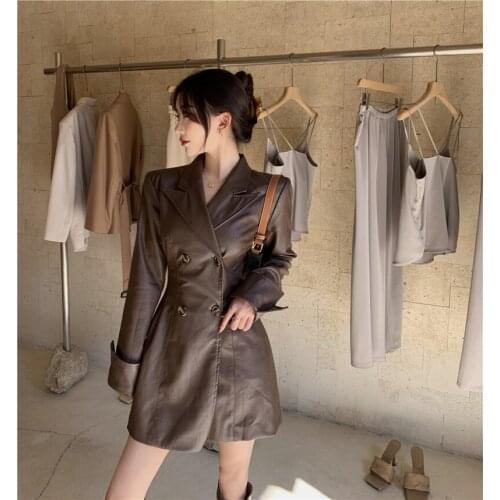 French Retro Fashion Women PU Leather Dress Notch Collar Double-breasted Slim Faux Leather Trench Coat Outfit Vestido De Mujer