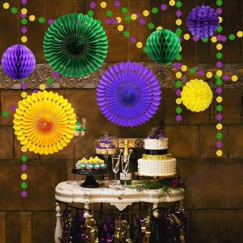 Mardi Gras Themed Party Decorations Sequin Gold Purple Green Circle Dots Garlands lanterns Paper Pompom Flower Hanging Supplies