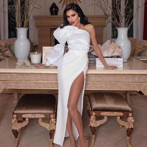 High Quality White Sexy High Slit Prim Dress Full Sleeve Elegant Satin Evening Party Dress Holiday Dresses