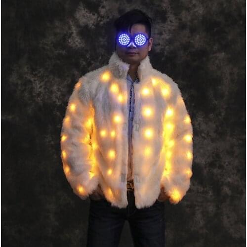Women Faux Fur Furry Led Clothes Light Up Coat Vest Glowing Coats White Man Rave Party Wear Lights Party Luminous Costumes