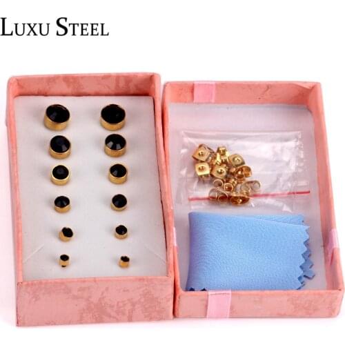 LUXUSTEEL Anti Allergic Stainless Steel Earrings Sets Size 3mm to 8mm Black Cubic Zirconia Stud Earrings For Women/Girl Party