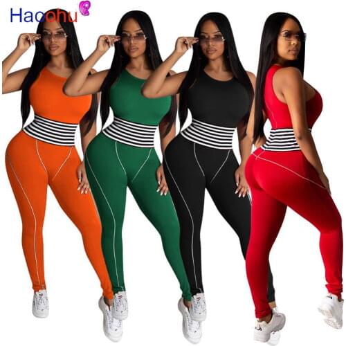 HAOOHU 2021 new jumpsuit women elastic hight casual fitness sporty rompers sleeveless zipper activewear skinny summer outfit