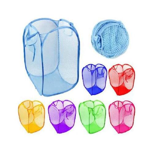 1Pcs Candy Color Nylon Mesh Fabric Foldable Large Laundry Basket Household Dirty Clothes Bag Washing Child Storage Organization