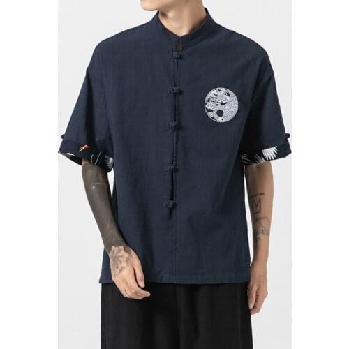 2021 Summer Casual Tang Suit Kung Fu Shirt Men Chinese Style Cotton Linen Tops Half Sleeve Traditional Chinese Clothing 12215