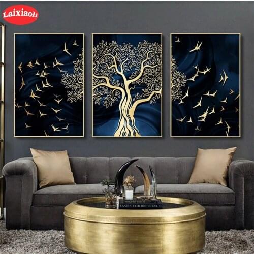 Diamond Painting Nordic abstract golden tree flying birds Full Drill Square DIY Diamond Cross Stitch Mosaic round Home Decor3pcs
