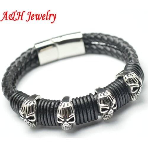 5pcs New Fashion Double Rows With Genuine Leather Surrounded Bracelets 8'' Fashion Men Stainless Steel Jewelry