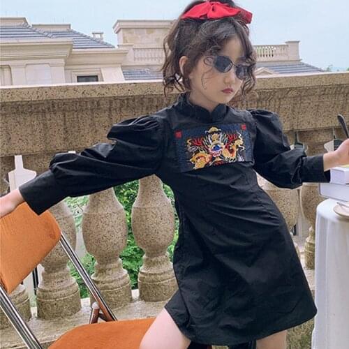 Baby Girl Bubble Sleeves Embroidery Dragon Slim Dress 2 3 4 5 6 years Designer Children Clothing