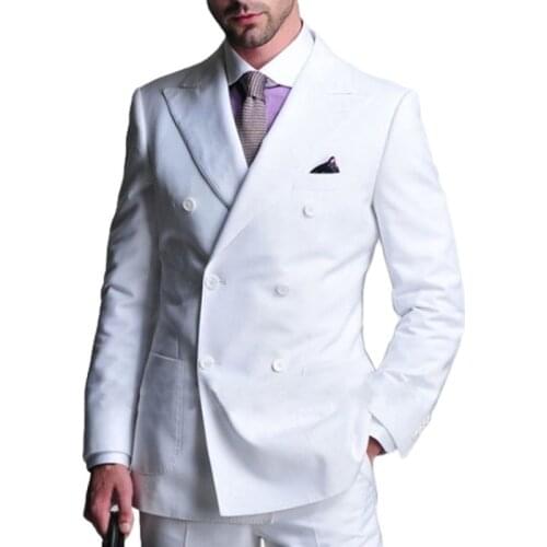 Double Breasted White Men Suits Slim Fit for Wedding Party Dinner 2 Pieces Groom Tuxedo Male Fashion Jacket with Pants 2021