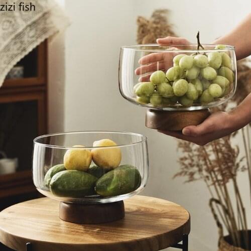 European Transparent Glass Fruit Tray Wooden Base Candy Dessert Storage Tray Salad Bowl Coffee Table Desktop Home Decoration New