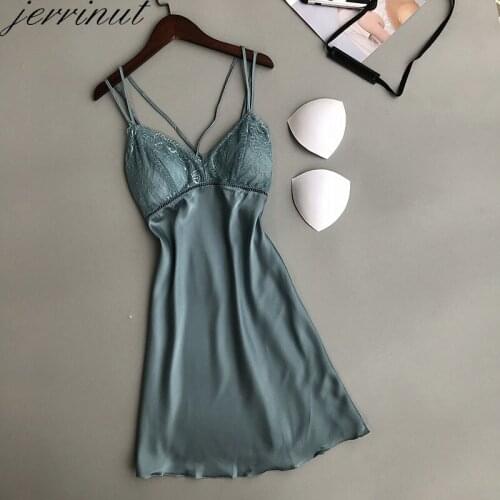 Jerrinut Nightgowns Womens Sleep Lounge Night Dress Sleepwear Nightie Homewear Chest Pad Silk Satin Lingerie Nightwear M-XXL
