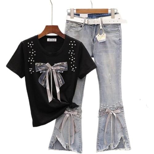 Summer Two-piece Suit Female 2021 New Fashion Beaded Bow T-shirt + Fashion Frayed Denim Flared Pants 2-piece Set